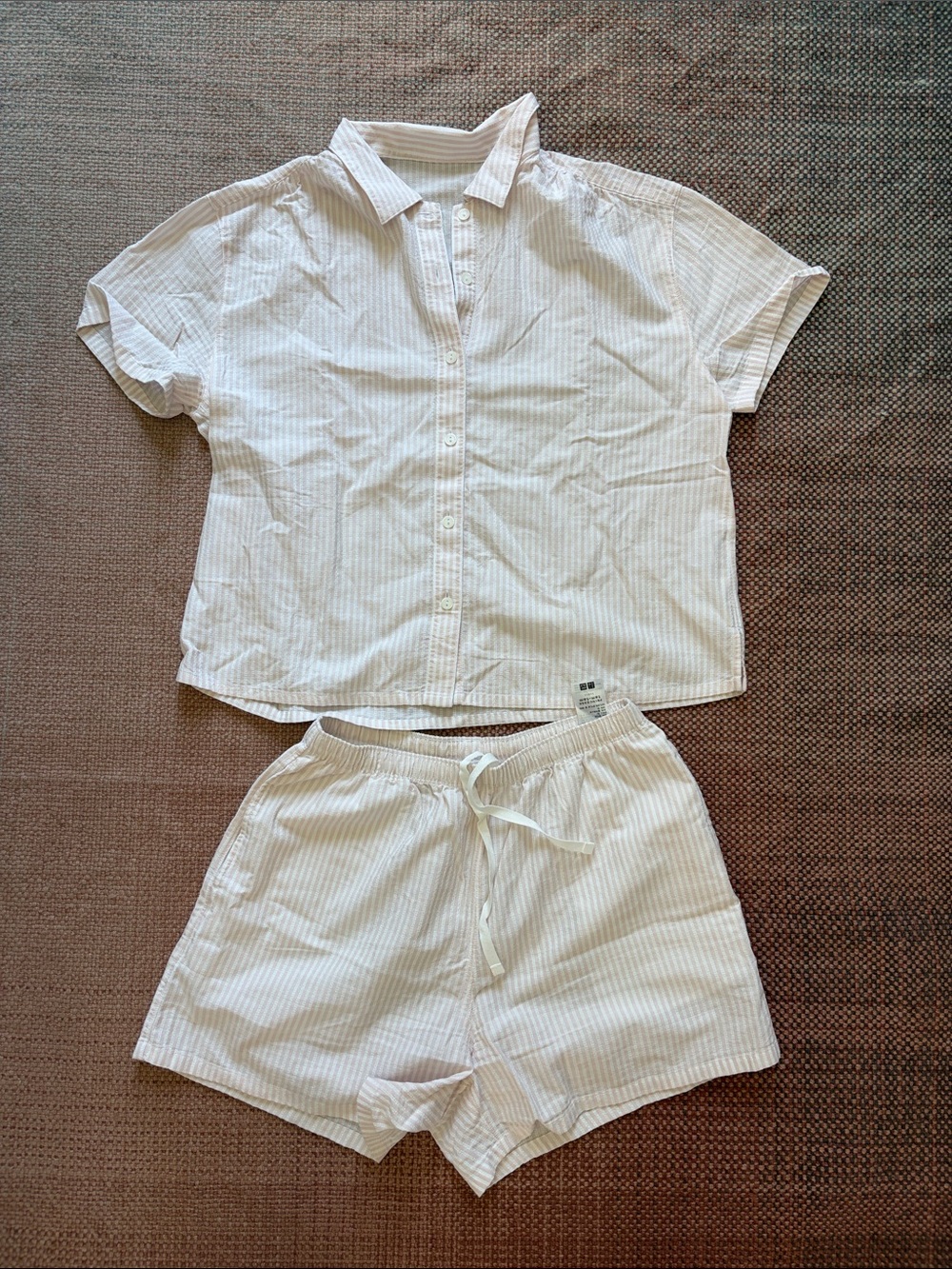 Uniqlo Striped White Short-Sleeve Pajama Top and Drawstring Shorts Set